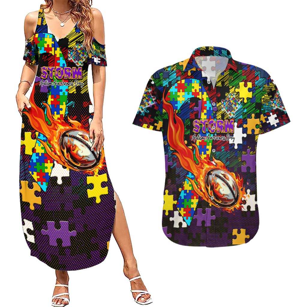 Storm Autism Awareness Couples Matching Summer Maxi Dress and Hawaiian Shirt Puzzle Flames Rugby Ball