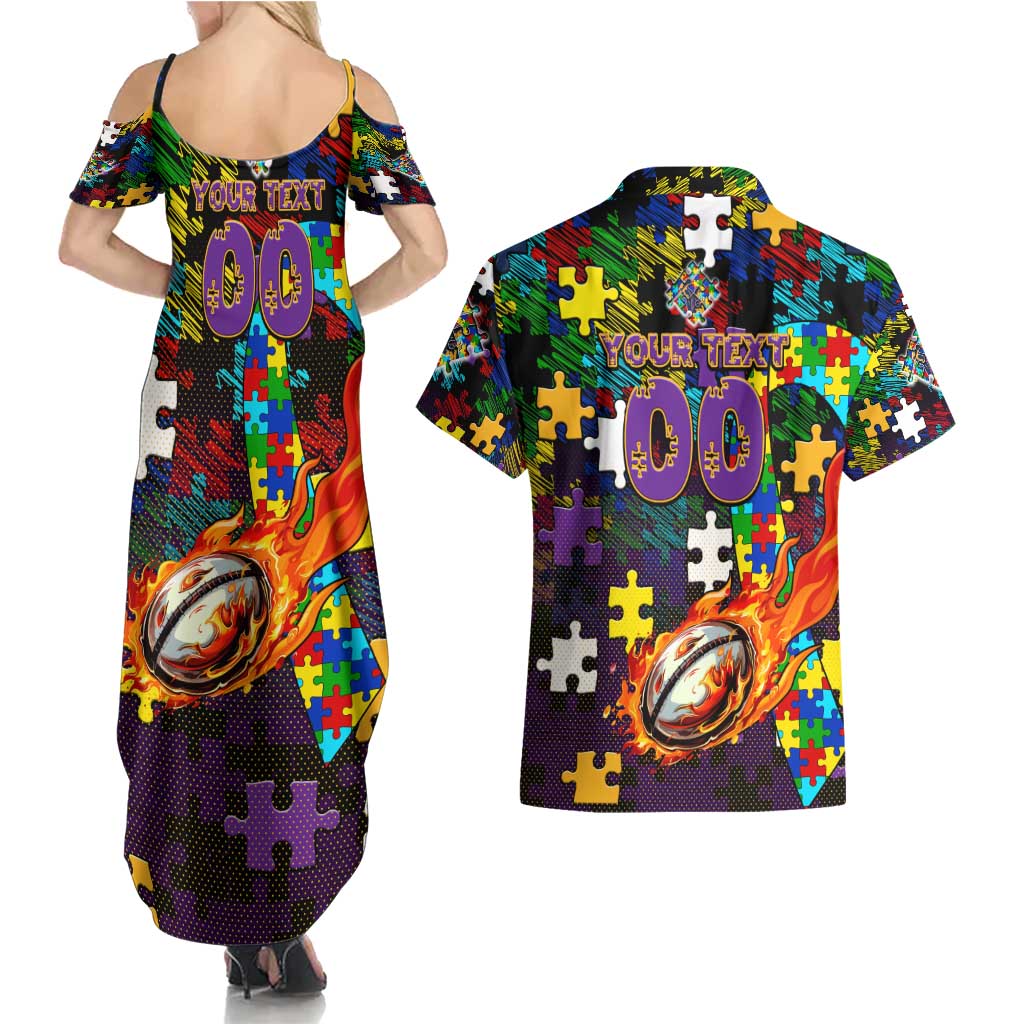 Storm Autism Awareness Couples Matching Summer Maxi Dress and Hawaiian Shirt Puzzle Flames Rugby Ball