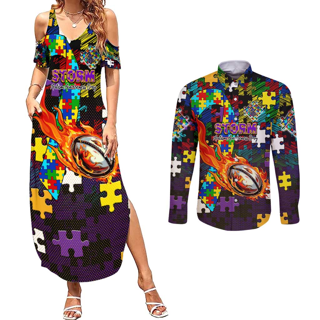 Storm Autism Awareness Couples Matching Summer Maxi Dress and Long Sleeve Button Shirt Puzzle Flames Rugby Ball