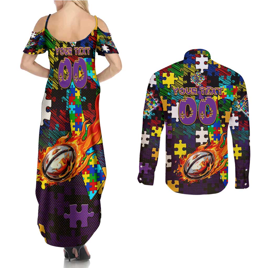 Storm Autism Awareness Couples Matching Summer Maxi Dress and Long Sleeve Button Shirt Puzzle Flames Rugby Ball