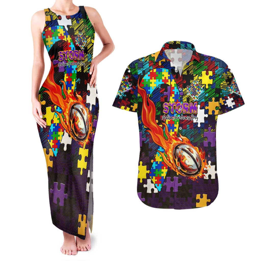 Storm Autism Awareness Couples Matching Tank Maxi Dress and Hawaiian Shirt Puzzle Flames Rugby Ball
