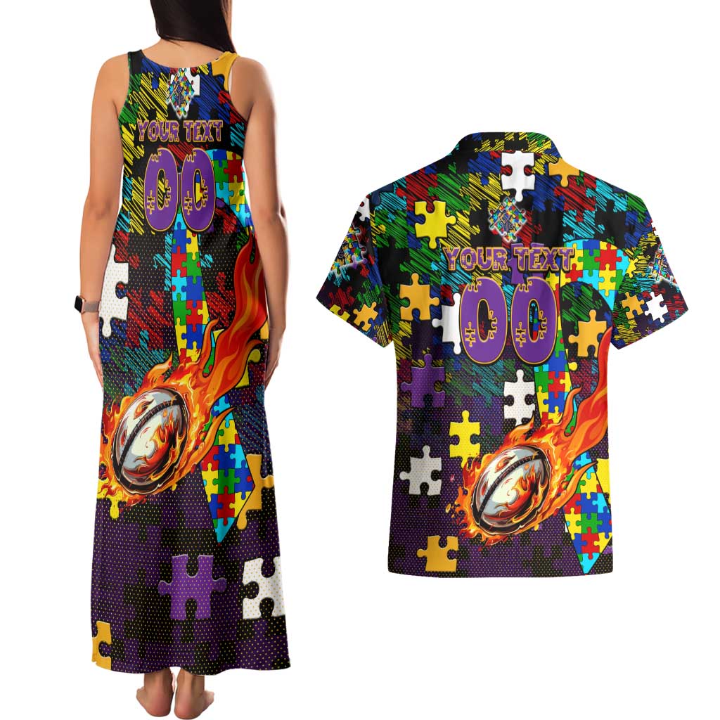 Storm Autism Awareness Couples Matching Tank Maxi Dress and Hawaiian Shirt Puzzle Flames Rugby Ball