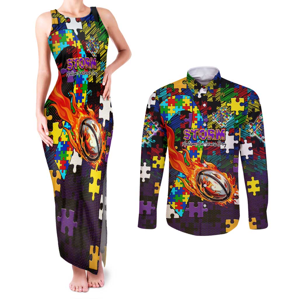 Storm Autism Awareness Couples Matching Tank Maxi Dress and Long Sleeve Button Shirt Puzzle Flames Rugby Ball