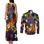 Storm Autism Awareness Couples Matching Tank Maxi Dress and Long Sleeve Button Shirt Puzzle Flames Rugby Ball
