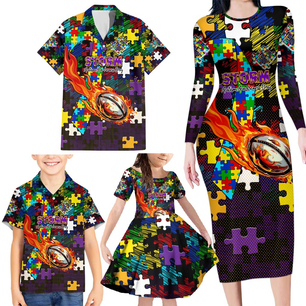Storm Autism Awareness Family Matching Long Sleeve Bodycon Dress and Hawaiian Shirt Puzzle Flames Rugby Ball