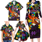 Storm Autism Awareness Family Matching Long Sleeve Bodycon Dress and Hawaiian Shirt Puzzle Flames Rugby Ball