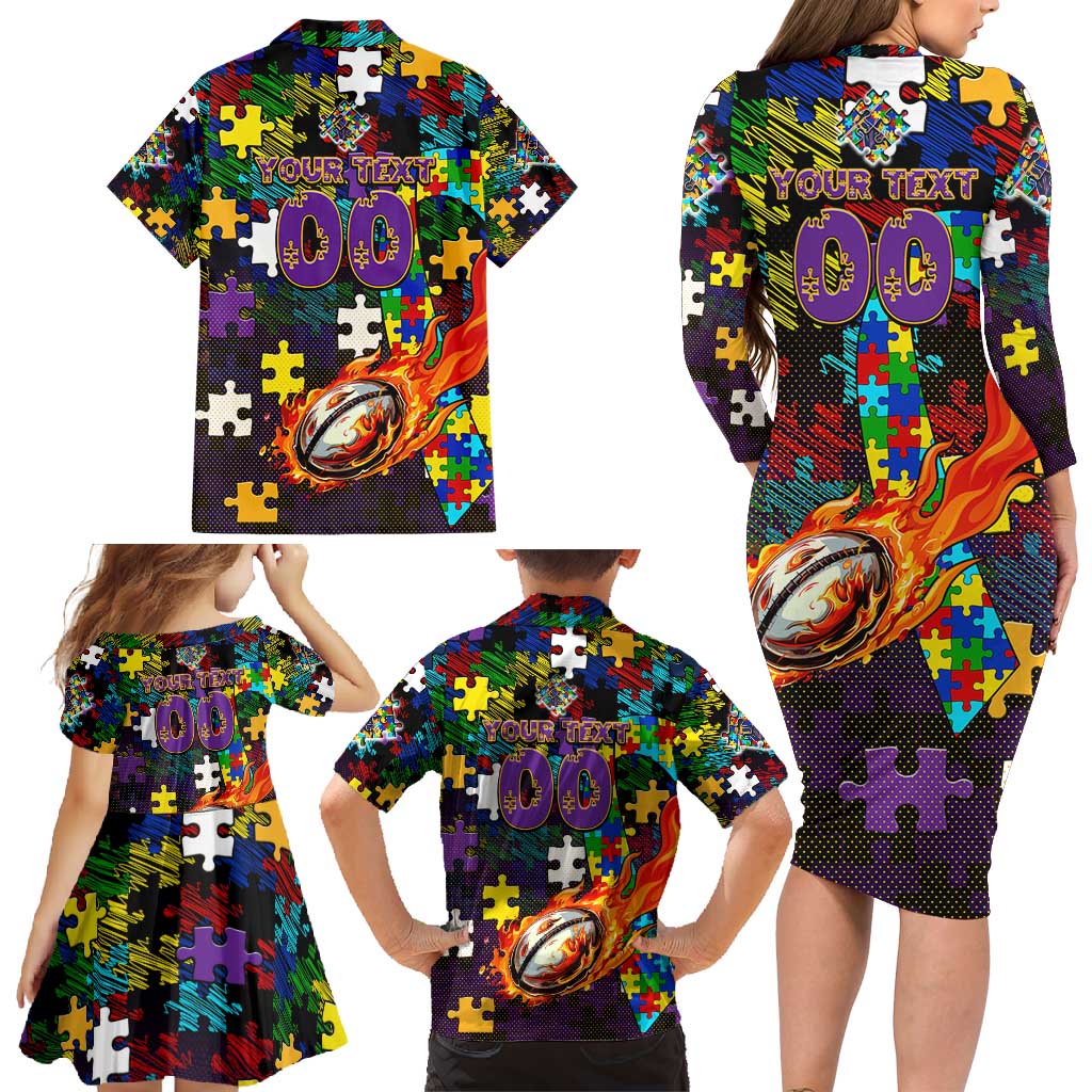 Storm Autism Awareness Family Matching Long Sleeve Bodycon Dress and Hawaiian Shirt Puzzle Flames Rugby Ball