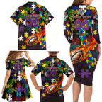 Storm Autism Awareness Family Matching Long Sleeve Bodycon Dress and Hawaiian Shirt Puzzle Flames Rugby Ball