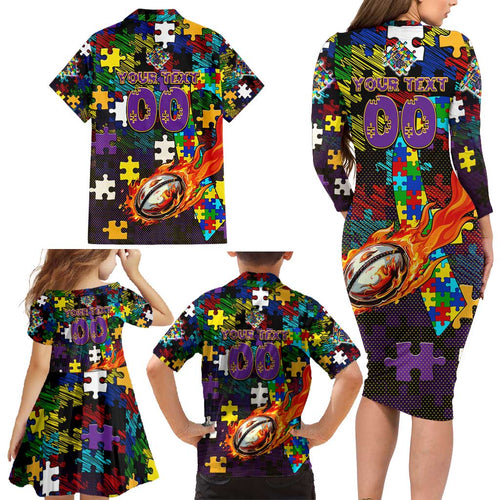 Storm Autism Awareness Family Matching Long Sleeve Bodycon Dress and Hawaiian Shirt Puzzle Flames Rugby Ball