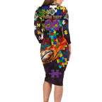 Storm Autism Awareness Family Matching Long Sleeve Bodycon Dress and Hawaiian Shirt Puzzle Flames Rugby Ball
