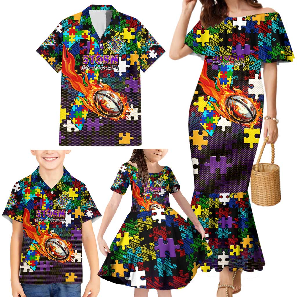 Storm Autism Awareness Family Matching Mermaid Dress and Hawaiian Shirt Puzzle Flames Rugby Ball
