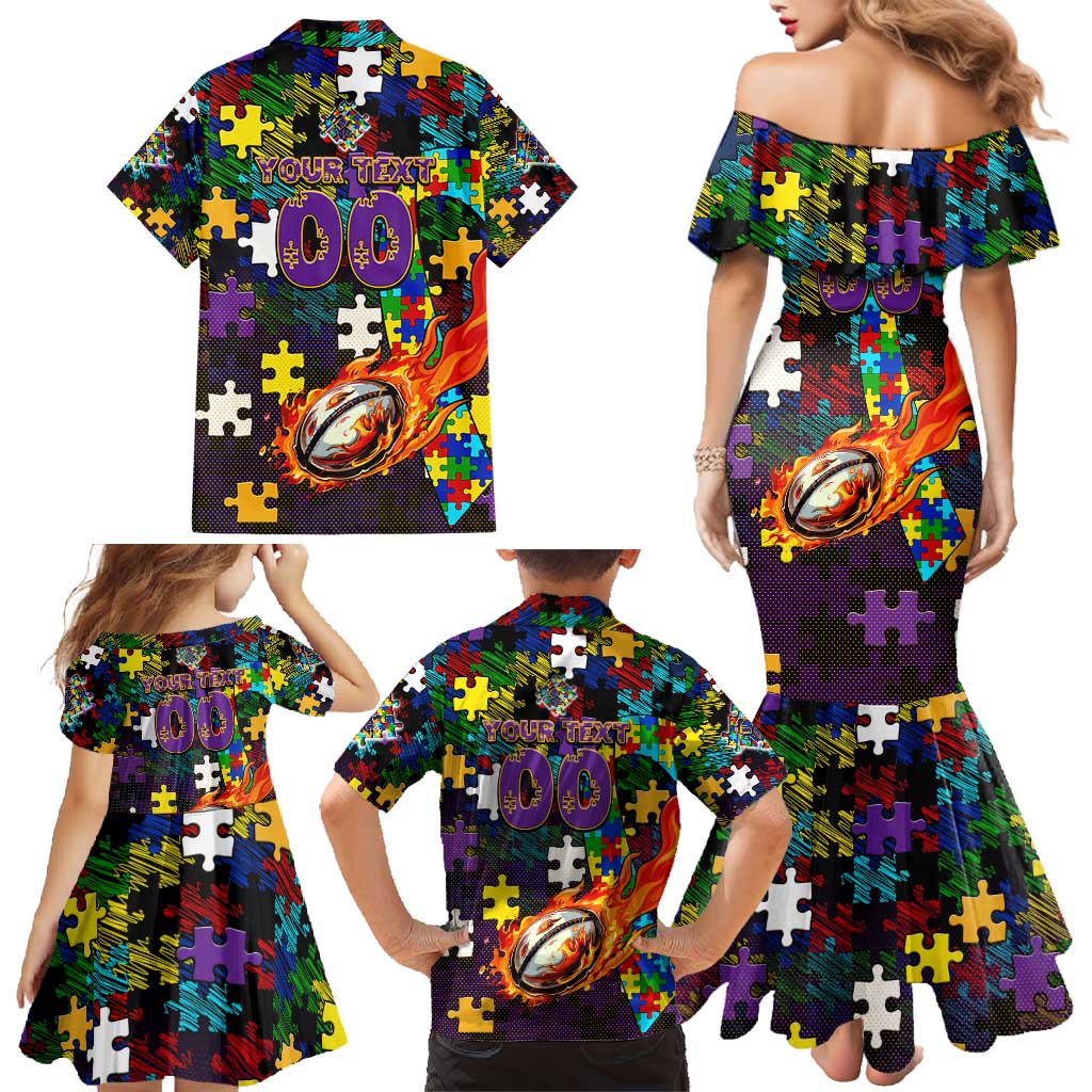 Storm Autism Awareness Family Matching Mermaid Dress and Hawaiian Shirt Puzzle Flames Rugby Ball