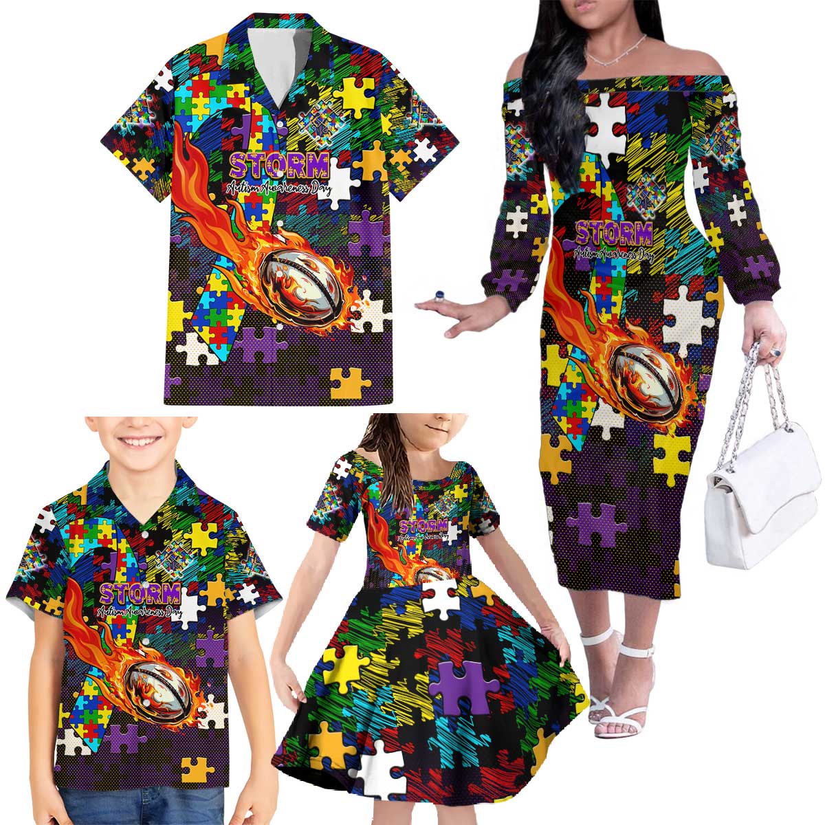Storm Autism Awareness Family Matching Off The Shoulder Long Sleeve Dress and Hawaiian Shirt Puzzle Flames Rugby Ball