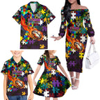 Storm Autism Awareness Family Matching Off The Shoulder Long Sleeve Dress and Hawaiian Shirt Puzzle Flames Rugby Ball