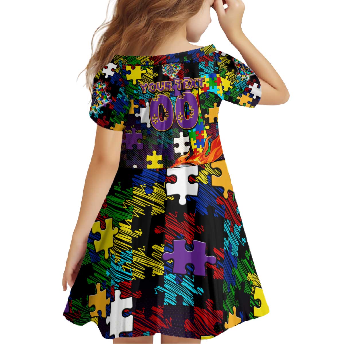 Storm Autism Awareness Family Matching Off The Shoulder Long Sleeve Dress and Hawaiian Shirt Puzzle Flames Rugby Ball