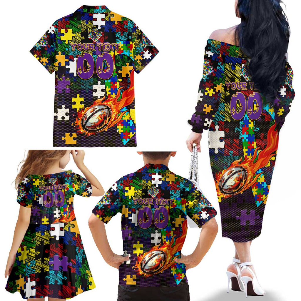 Storm Autism Awareness Family Matching Off The Shoulder Long Sleeve Dress and Hawaiian Shirt Puzzle Flames Rugby Ball