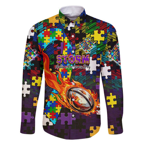 Storm Autism Awareness Family Matching Off The Shoulder Long Sleeve Dress and Hawaiian Shirt Puzzle Flames Rugby Ball