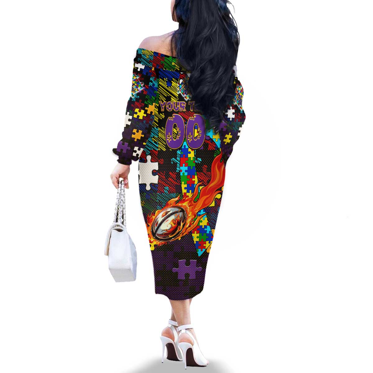 Storm Autism Awareness Family Matching Off The Shoulder Long Sleeve Dress and Hawaiian Shirt Puzzle Flames Rugby Ball
