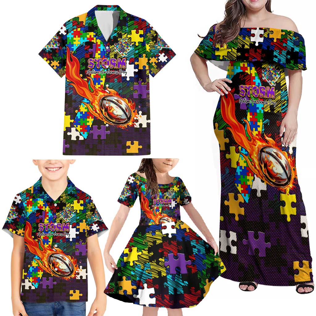 Storm Autism Awareness Family Matching Off Shoulder Maxi Dress and Hawaiian Shirt Puzzle Flames Rugby Ball