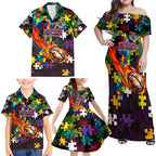 Storm Autism Awareness Family Matching Off Shoulder Maxi Dress and Hawaiian Shirt Puzzle Flames Rugby Ball