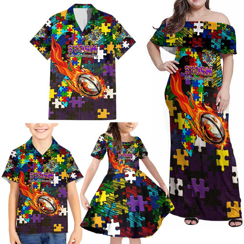 Storm Autism Awareness Family Matching Off Shoulder Maxi Dress and Hawaiian Shirt Puzzle Flames Rugby Ball