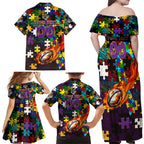 Storm Autism Awareness Family Matching Off Shoulder Maxi Dress and Hawaiian Shirt Puzzle Flames Rugby Ball