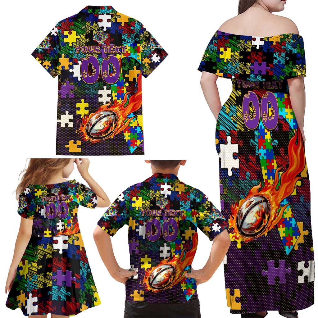 Storm Autism Awareness Family Matching Off Shoulder Maxi Dress and Hawaiian Shirt Puzzle Flames Rugby Ball