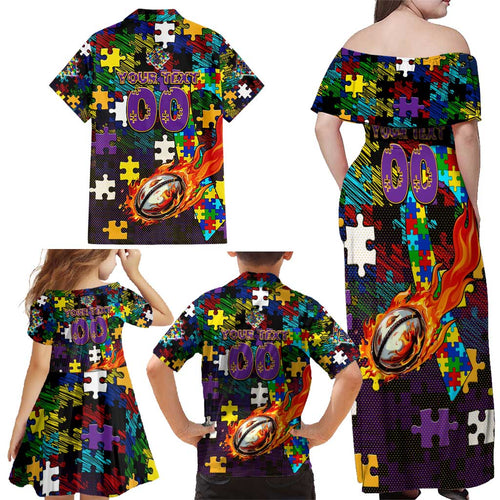 Storm Autism Awareness Family Matching Off Shoulder Maxi Dress and Hawaiian Shirt Puzzle Flames Rugby Ball