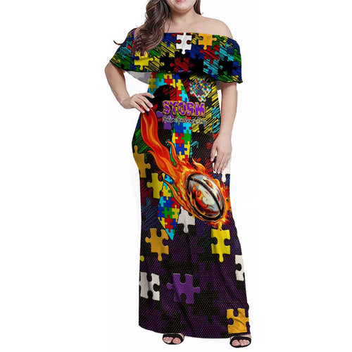 Storm Autism Awareness Family Matching Off Shoulder Maxi Dress and Hawaiian Shirt Puzzle Flames Rugby Ball