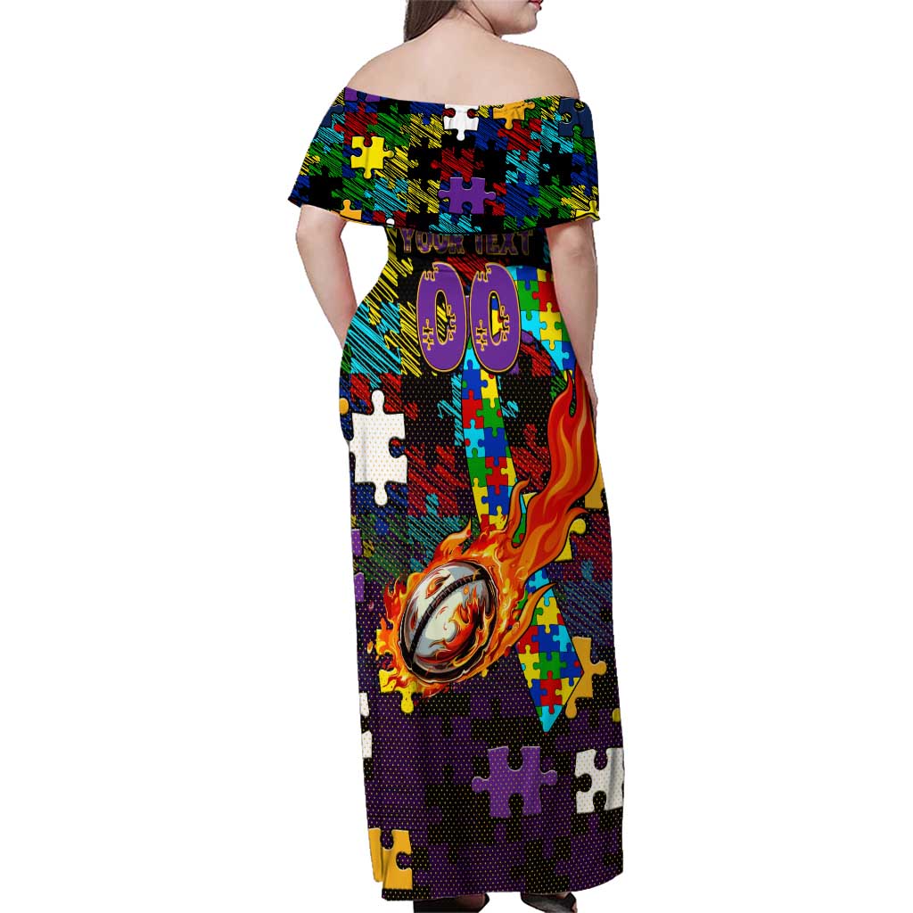 Storm Autism Awareness Family Matching Off Shoulder Maxi Dress and Hawaiian Shirt Puzzle Flames Rugby Ball