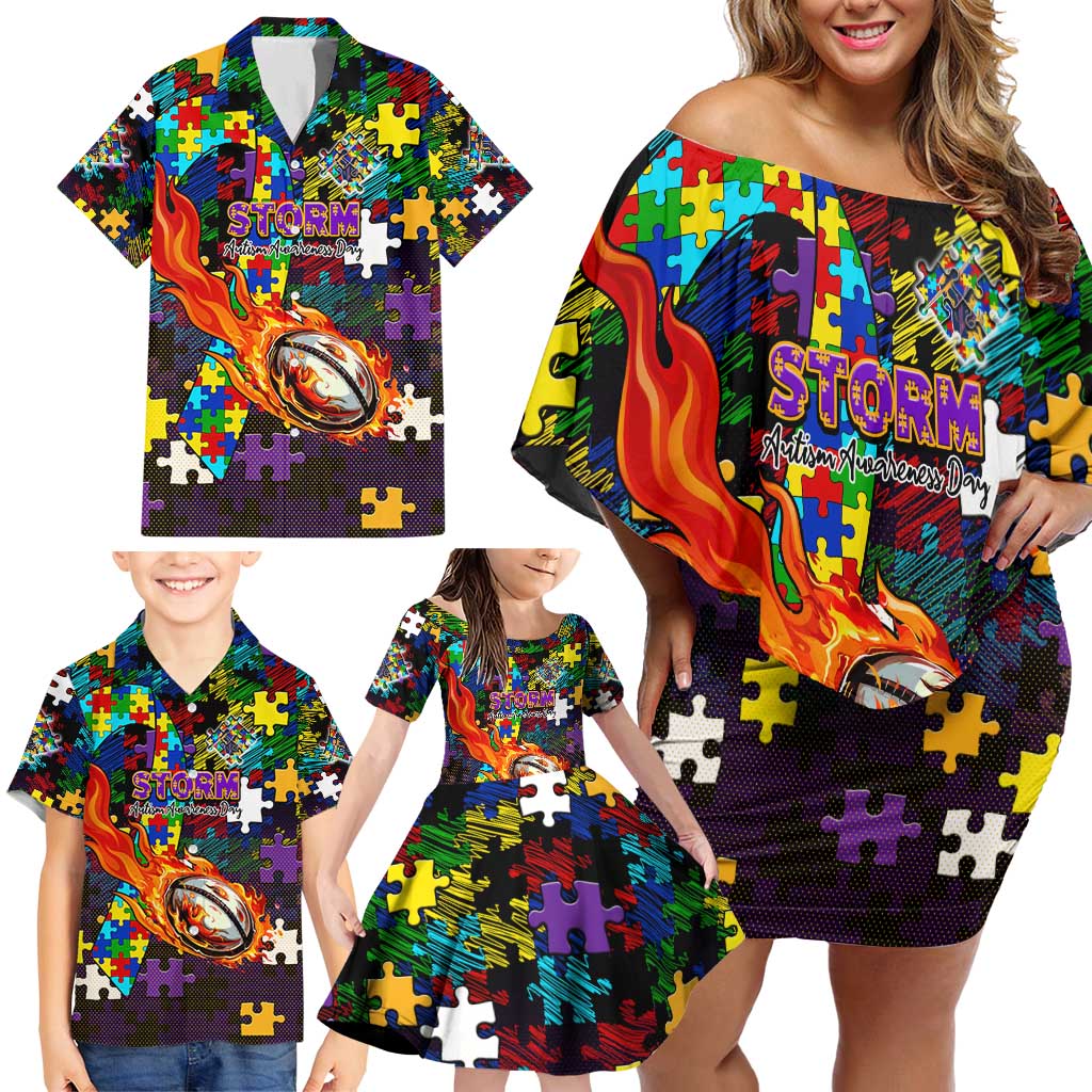 Storm Autism Awareness Family Matching Off Shoulder Short Dress and Hawaiian Shirt Puzzle Flames Rugby Ball