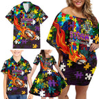 Storm Autism Awareness Family Matching Off Shoulder Short Dress and Hawaiian Shirt Puzzle Flames Rugby Ball