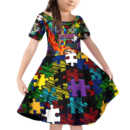 Storm Autism Awareness Family Matching Off Shoulder Short Dress and Hawaiian Shirt Puzzle Flames Rugby Ball