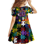 Storm Autism Awareness Family Matching Off Shoulder Short Dress and Hawaiian Shirt Puzzle Flames Rugby Ball