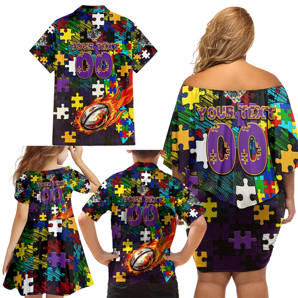 Storm Autism Awareness Family Matching Off Shoulder Short Dress and Hawaiian Shirt Puzzle Flames Rugby Ball