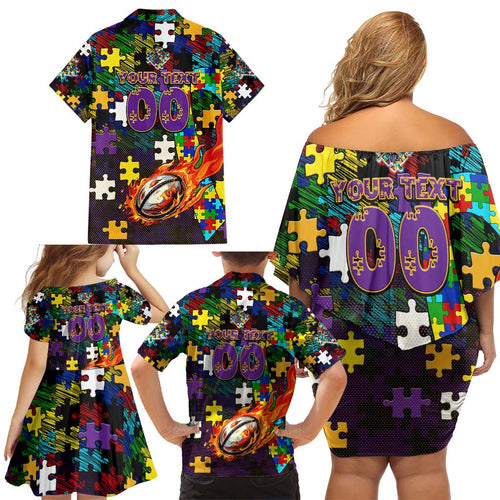 Storm Autism Awareness Family Matching Off Shoulder Short Dress and Hawaiian Shirt Puzzle Flames Rugby Ball