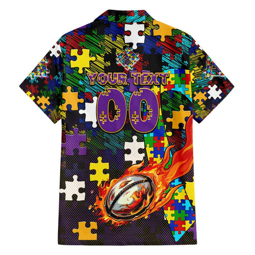 Storm Autism Awareness Family Matching Off Shoulder Short Dress and Hawaiian Shirt Puzzle Flames Rugby Ball