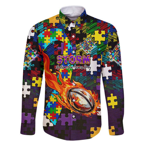 Storm Autism Awareness Family Matching Off Shoulder Short Dress and Hawaiian Shirt Puzzle Flames Rugby Ball