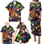 Storm Autism Awareness Family Matching Puletasi and Hawaiian Shirt Puzzle Flames Rugby Ball