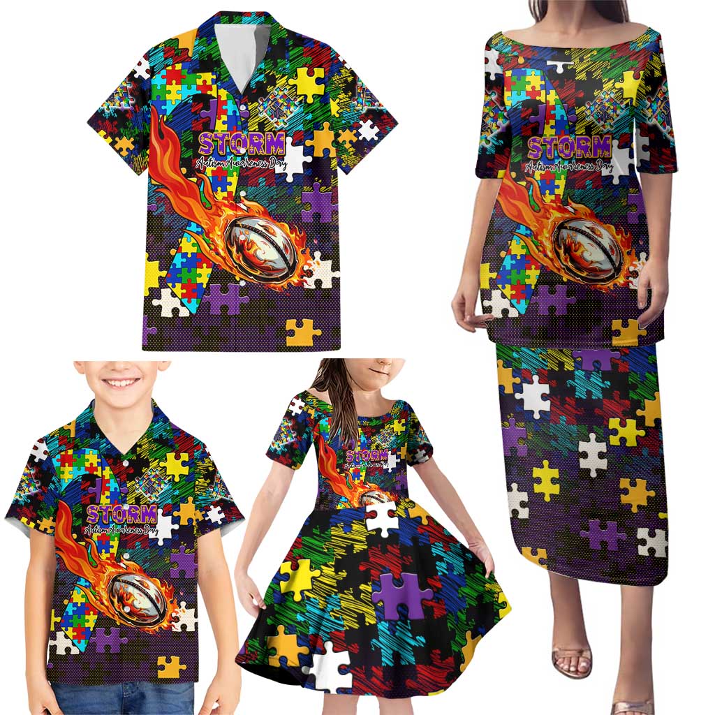 Storm Autism Awareness Family Matching Puletasi and Hawaiian Shirt Puzzle Flames Rugby Ball
