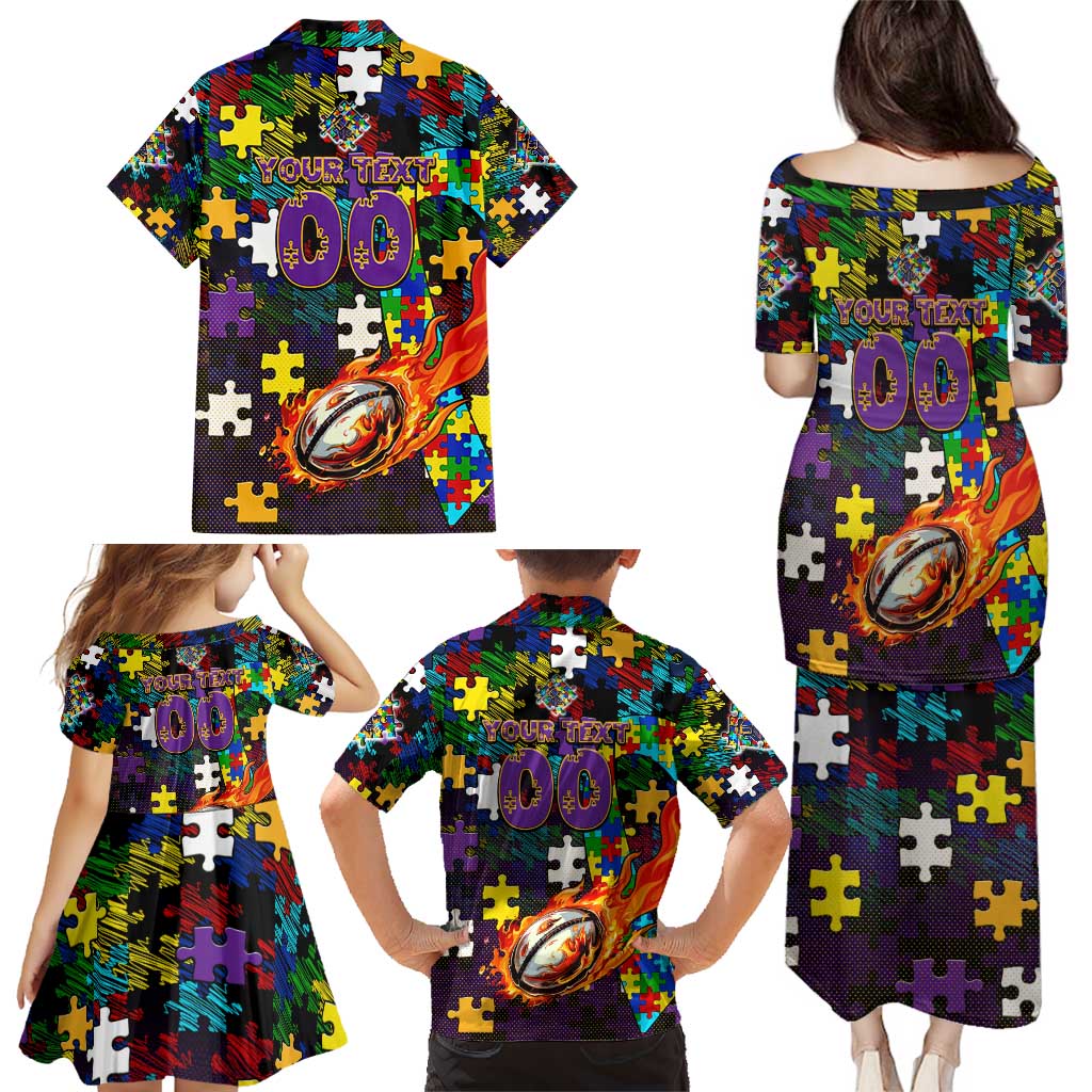 Storm Autism Awareness Family Matching Puletasi and Hawaiian Shirt Puzzle Flames Rugby Ball