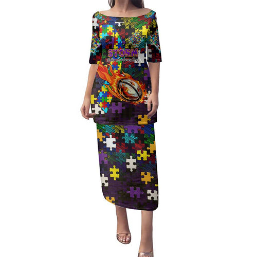 Storm Autism Awareness Family Matching Puletasi and Hawaiian Shirt Puzzle Flames Rugby Ball