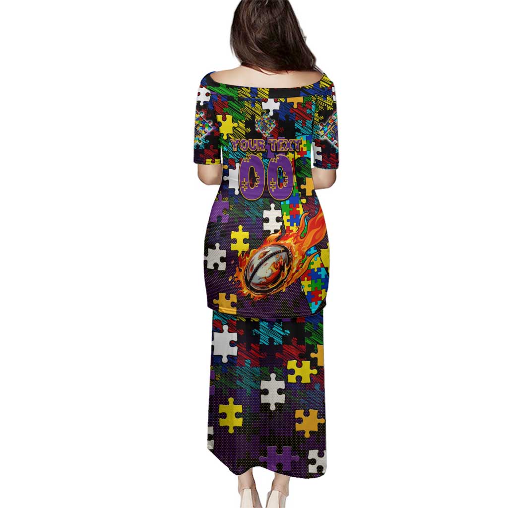 Storm Autism Awareness Family Matching Puletasi and Hawaiian Shirt Puzzle Flames Rugby Ball