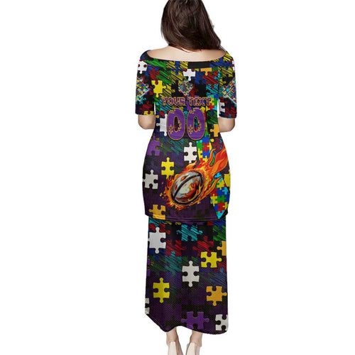 Storm Autism Awareness Family Matching Puletasi and Hawaiian Shirt Puzzle Flames Rugby Ball