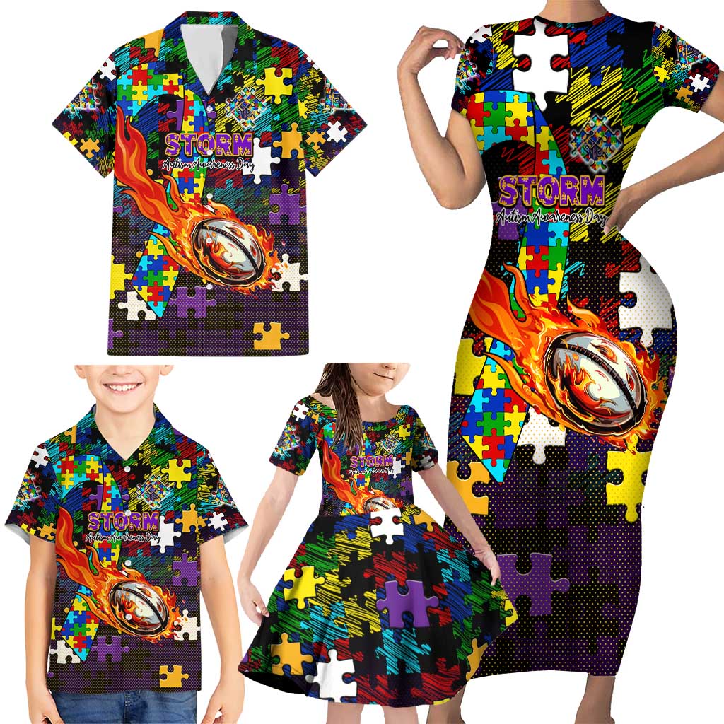 Storm Autism Awareness Family Matching Short Sleeve Bodycon Dress and Hawaiian Shirt Puzzle Flames Rugby Ball