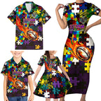 Storm Autism Awareness Family Matching Short Sleeve Bodycon Dress and Hawaiian Shirt Puzzle Flames Rugby Ball