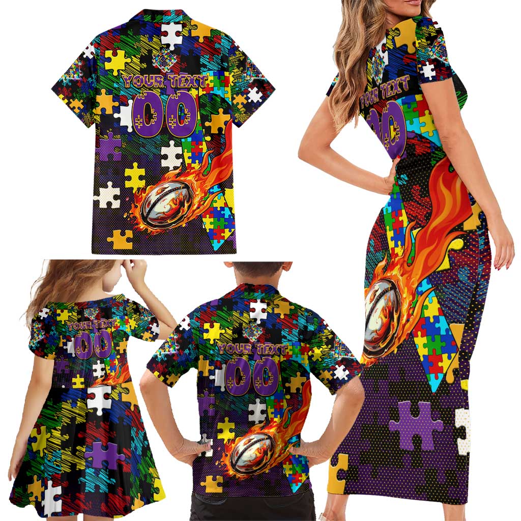 Storm Autism Awareness Family Matching Short Sleeve Bodycon Dress and Hawaiian Shirt Puzzle Flames Rugby Ball
