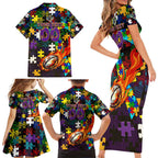 Storm Autism Awareness Family Matching Short Sleeve Bodycon Dress and Hawaiian Shirt Puzzle Flames Rugby Ball
