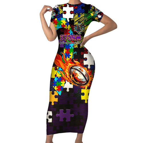 Storm Autism Awareness Family Matching Short Sleeve Bodycon Dress and Hawaiian Shirt Puzzle Flames Rugby Ball