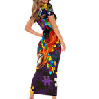 Storm Autism Awareness Family Matching Short Sleeve Bodycon Dress and Hawaiian Shirt Puzzle Flames Rugby Ball